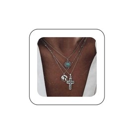 Iaceble Gothic Layered Turquoise Choker Necklace Silver Map Necklace Chain Cross Crucifix Pendent Necklace Filigree Cross Necklace Ethnic Turquoise Necklace Jewelry for Women