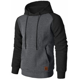 Qichic Men's Hoodies Pullover Plaid Jacquard Long Sleeve Drawstring Hipster Casual Hooded Sweatshirts with Kanga Pockets Dark Grey/Black S