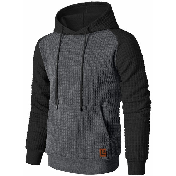 Qichic Men's Hoodies Pullover Plaid Jacquard Long Sleeve Drawstring Hipster