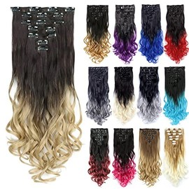 IMISSU 7PCS Set Long Curly Clip in Hair Extension Ombre Color Full Head Hair Extensions Hairpiece for Girl (Ombre Dark Brown)