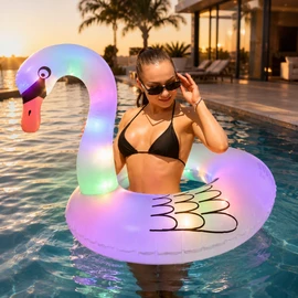 Solar Light Flamingo Pool Float for Summer Lounging – Inflatable PVC Swim Tube Raft for Pool Parties