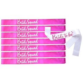 PARTYDISE Paquete 8 Bandas Despedida de Soltera. 1 Banda Blanca para Novia Bride to be y 7 Bandas Rosas para el Equipo de Novia Bride Squad Accesorios de Fiesta de Despedida de Soltera y Boda.