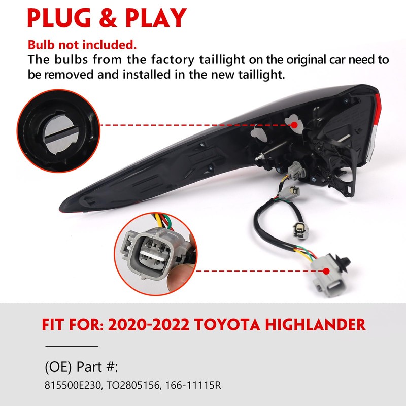 Huray Right Outer Tail Light for Toyota Highlander 2020-2022 Passenger