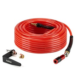 RayMagic Air Compressor Hose 1/4 Inch x 100 Feet Flexible Reinforced Polyurethane(PU) Air Hose 300PSI With 5IN1 Universal 1/4" Swivel Coupler&Plug, Strain Reliefs, 1PCS Hook For Nailer(Red)
