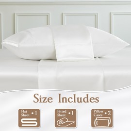 LIFCOM Satin Sheets Set,Soft Satin Bed Sheets Queen Size Set,4Pcs Luxury Silky Bedding Set with 15 Inches Deep Pocket for Mattress(Queen, White)