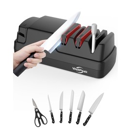 WELLPEAK 4-Stage Professional Electric Knife & Scissor Sharpener for Home Commercial Chef, Diamond Abrasive for Straight Edge Chef Knives, Detachable Ceramic Hone Rod for Serrated Knives Polishing
