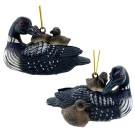 Loon Ornaments - Aquatic Bird Duck Christmas Tree Decorations, Set of 2 Figurines with Baby Loonlet Chicks