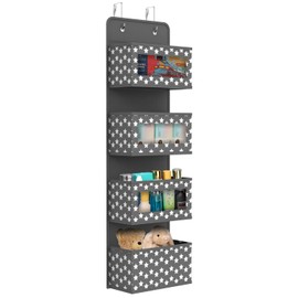 Vinsani Over The Door Hanging Organiser Space Saving Storage Solution 4 Tier Caddy With Clear Window and Steel Hooks Hanger For Bathroom Nursery Bedroom Toys Unisex – Dark Grey