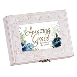 Cottage Garden Amazing Grace How Sweet The Sound - Distressed White 8.5 x 6.5 Inch MDF Wood Musical Jewelry Box