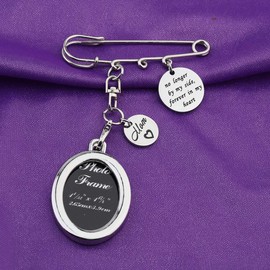 LQRI Wedding Bouquet Photo Charm Memorial Safety Pin Brooch No Longer by My Side Forever in My Heart Walk Down The Aisle Bridal Charm in Memory of Dad (brooch-mom)