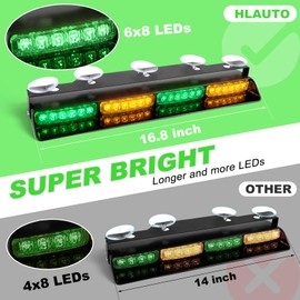HLAUTO 6Z4J Emergency Dash Strobe Lights: 2x16.8 inch Green Amber Safety Lights, 48 LED Flashing Warning Hazard Interior Windshield Visor Traffic Light Bar for Trucks, Construction Vehicles