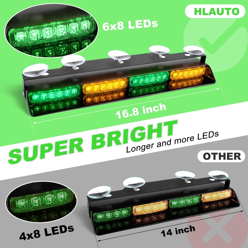 HLAUTO 6Z4J Emergency Dash Strobe Lights: 2x16.8 inch Green Amber