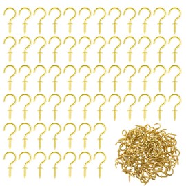 Amaxiu Pack of 100 Small Metal Screw Hooks, 1/2 Inch Jewellery Hooks, Fairy Lights, Key Hooks, Mini Screws, Ceiling Hooks, Hanging Plants, Art Ornaments, Cups, Christmas Decoration (Gold)