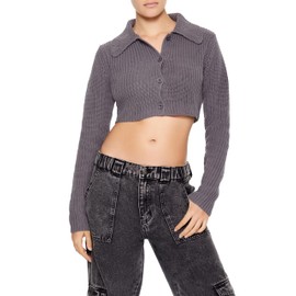 Forever 21 Women's Cropped Rib-Knit Cardigan Sweater Grey