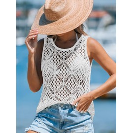 Imily Bela Womens Summer Crochet Tank Tops Knit Sleeveless Scoop Neck Sweater Vest Boho Hollow Out Cover Ups White