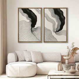 SIGNWIN Framed Canvas Print Wall Art Set Abstract Black Line Flow Minimalist Modern Art Minimal Boho Relax/Calm for Living Room, Bedroom, Office - 24"x36"x2 Natural