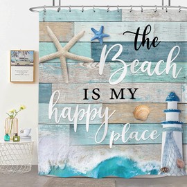 LIGHTINHOME Beach Shower Curtain 72Wx72H Inches Vintage Rustic Wood Starfish Ocean Quote Words Seashell Lighthouse Nautical Bathroom Decor Fabric Waterproof Polyester Home Decor Set with Hooks