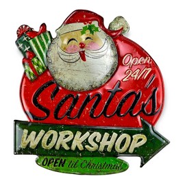 Crispe 3D Tin Sign - Santa's Workshop - 46 x 48 cm - Embossed Metal Rustproof Retro Vintage Design Gift Idea for Christmas Fans