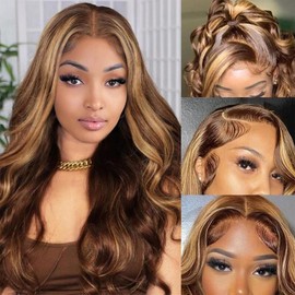 Highlight Ombre P4/27 Colored Lace Front Wigs Human Hair Pre Plucked with Baby Hair 13x4 Body Wave Lace Frontal Wigs 180% Density Honey Blonde Lace Front Wig for Women 22 Inch