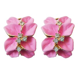 Navachi 18K Gold Plated Flower Earrings Az2863e Crystal Blossom with Pink Enamel Leaves, enamel, Crystal