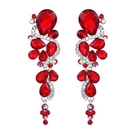 BriLove Women's Wedding Bridal Earrings Bohemian Boho Crystal Multiple Teardrop Dangle Silver-Tone Ruby Color