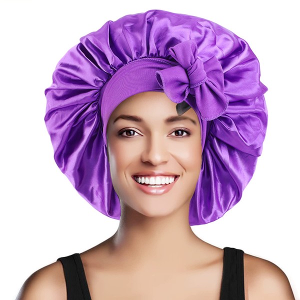 VEABEST Satin Bonnet Silk Bonnet Adjustable Bonnet for Sleeping Jumbo Satin Bonnet with Elastic Stretchy Tie Band for Long Curly Braid Hair (Purple)