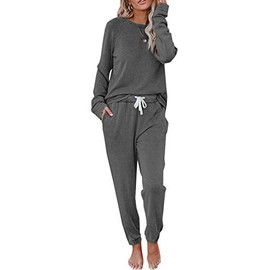 Fessceruna Women's Pyjamas Long Sleeve Crew Neck Leisure Suit Leisure Suit Plain Two Piece Outfit Casual Loungewear Autumn, darkgray