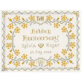 Lifetime Samplers & Decorative Textiles Golden Wedding Anniversary Sampler for 50 Years of Marriage - Complete Cross Stitch kit on 14 aida with Clear Colour Chart