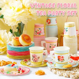 SiliFine 30 Sets Floral Paper Cups and Saucers, 7 oz Disposable Tea Party Cups with Handle and Plates Tea Party Decoration for Birthday Wedding Bridal Shower Mother's Day