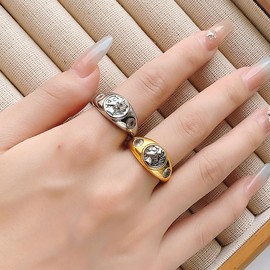 Vintage Roman Greek Ring for Women Men Fashion Head Adjustable Cool Rings Comfort Fit Open Band Weird Icarus Ring Unique Statement Middle Open Band Comfort Fit Biker Greek Mythology Jewelry (Gold)