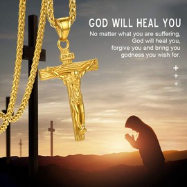 GOLDCHIC JEWELRY Gold Crucifix Necklace for Men Women, Jesus Cross Pendant INRI with Gold Chain