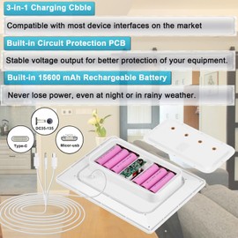 9W Solar Panel with Built-in 15600mAh Rechargeable Battery, with 5ft 3-in-1 Charging Cable (Micro USB, Type-C and DC3.5 * 1.35 Connector) for Security Cameras and Other Devices, IP66 Waterproof