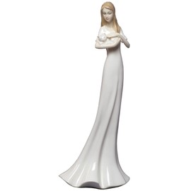 US 8.75 Inch White Porcelain Figurine Woman Holding and Stroking a cat