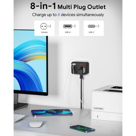 WENTONG USB Power Strip with 2 Schuko, Wall Socket with 6 USB 5V/3.4A, 3500W 15A Space-Saving Flat Socket, for Office, Family, Kitchen and Travel