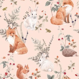 Livelynine Whimsical Woodland Wallpaper Peel and Stick Light Pink Woodland Animal Nursery Wallpaper Removable Decorative Contact Paper for Cabinets Fox Bunny Rabbit Green Floral Hedgehog 17.5x78.8