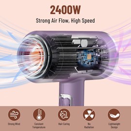 Oskuglin Haartrockner, 2400 W tragbarer Ionen Haarfön, Salon Haarfön mit Heiß-/Kalttasten, Düsen, professioneller leichter Haartrockner für Zuhause, Salon, Reisen (Lila 1)