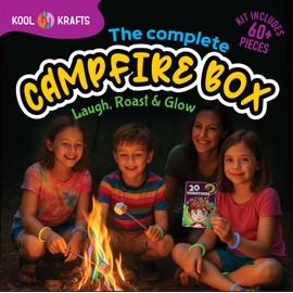 Complete Campfire Kit with 6 Magical Color Changing Fire Packs, 20 Game Cards, 10 Glowsticks, 2 Fire Starters, 10 Incense Sticks, 10 Bamboo Sticks, Fun Camping Set for Kids, Outdoor Parties, Campfire,