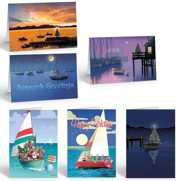 Sail Boat Christmas Card Variety Pack - 24 Cards &