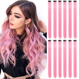 GPOVVIMX 12 PCS Pink Hair Extensions Clip in, Colored Party Highlights Extension for Kids Girls Synthetic Hairpiece Straight 22 inch