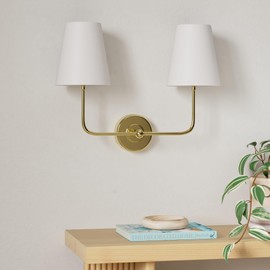 TERLEENART Battery Rechargeable Operated 3 Colors Dimmable Wall Sconce,Double Light with White Fabric Tapered Shades and Antique Brass Base for Bedroom Living Room Hallway