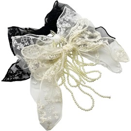 3 Pieces Lace Bow Pearl Chain Hair Clips Flower Embroidery Non Slip Hair Bow Barrettes for Women and Girls (Style, One size)