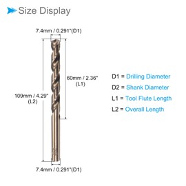 CoCud Twist Drill Bits, 7.4mm Drilling Diameter, Titanium Coated High Speed Steel 6542 Straight Round Shank - (Applications: for Stainless Steel Alloy Metal), 1-Piece