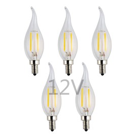 OPALRAY Low Voltage 12V LED Candelabra Bulb, 2W Dimmable with DC Dimmer, Warm White Light, E12 Small Base, 25W Incandescent Replacement, Solar System 12V-24V DC Power, Clear Glass Flame Tip, 5 Pack