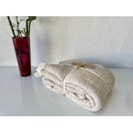 100% Cotton Muslin Blanket, 4 Layers Bedspread, Soft Turkish Cotton Muslin Bed Cover, Reversible Coverlet, Beige (King Size 95x102-230x260cm)