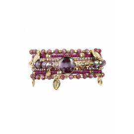 Riah Fashion Dark Purple Red Leaf Charm Bracelet Set Stretch Boho