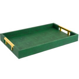 Modern Elegant 17.5"x12" Rectangle Emerald Green Shagreen Faux Leather Decorative Tray Ottoman Coffee Table Perfume Living Room Kitchen Serving Tray with Gold Polished Metal Handles for All Occasion's