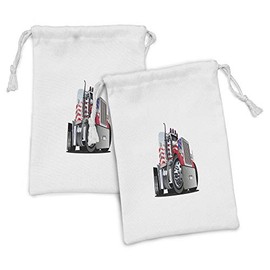 Ambesonne Truck Fabric Pouch Set of 2, American Flag Themed Semi 18 Wheeler Patriotic Transportation Industrial Vehicle, Small Drawstring Bag for Toiletries Masks and Favors, 9" x 6", Red White Blue