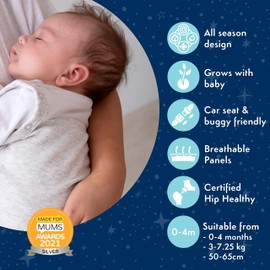 PurFlo Swaddle to Sleep Bag | All-Season 2.5 tog Sleeping Bag | 0-4 Months | Breathable Newborn Baby Sleeping Bag That Grows With Your Baby | Swaddle Arms In or Out | Hip Healthy | Minimal Grey