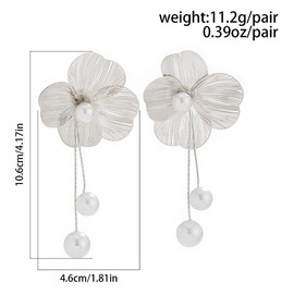 Gold Flower Pearl Dangle Earrings for Women Bohemia Vintage Large Floral Beads Dangling Earrings Exaggerated Long Flower Metal Earrings Charm Jewelry (Silver)