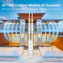 WAVLINK Waterproof AC1200 Outdoor Long Range WiFi Extender/Access Point/WiFi Repeater/Router, 2.4G 300Mbps + 5G 867Mbps Dual Band WiFi with 2x7dBi High Gain Antennas, Active/Passtive PoE